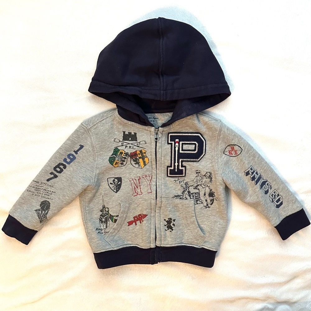 Polo Ralph Lauren Gray Sketch Graphic Varsity Zip Hoodie Sweatshirt Baby 12M